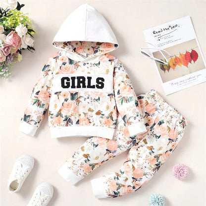 Girls Flower Hoodie SweatSuit Set (1-3 Years) - Casual Winter Wear