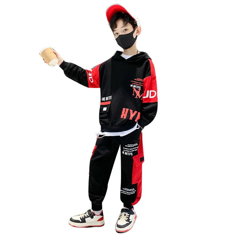 Hooded Sweatshirt & Track Pants Set (5-12 Years) - Letter Print Spring/Autumn Outfit