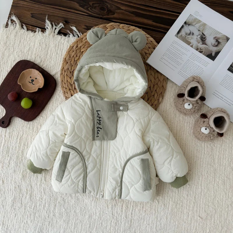 White Hooded Zipper Plush Baby Jacket (0-3Y) - Thick Winter Patchwork Coat