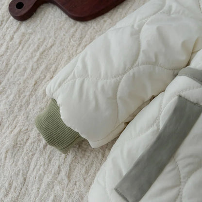 White Hooded Zipper Plush Baby Jacket (0-3Y) - Thick Winter Patchwork Coat