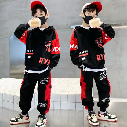 Hooded Sweatshirt & Track Pants Set (5-12 Years) - Letter Print Spring/Autumn Outfit