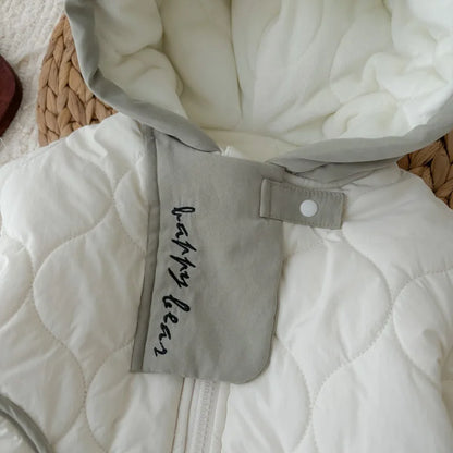 White Hooded Zipper Plush Baby Jacket (0-3Y) - Thick Winter Patchwork Coat