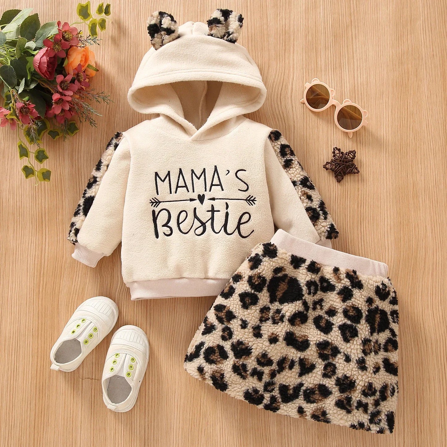 Girls Leopard Print Hoodie & Mini Skirt Set