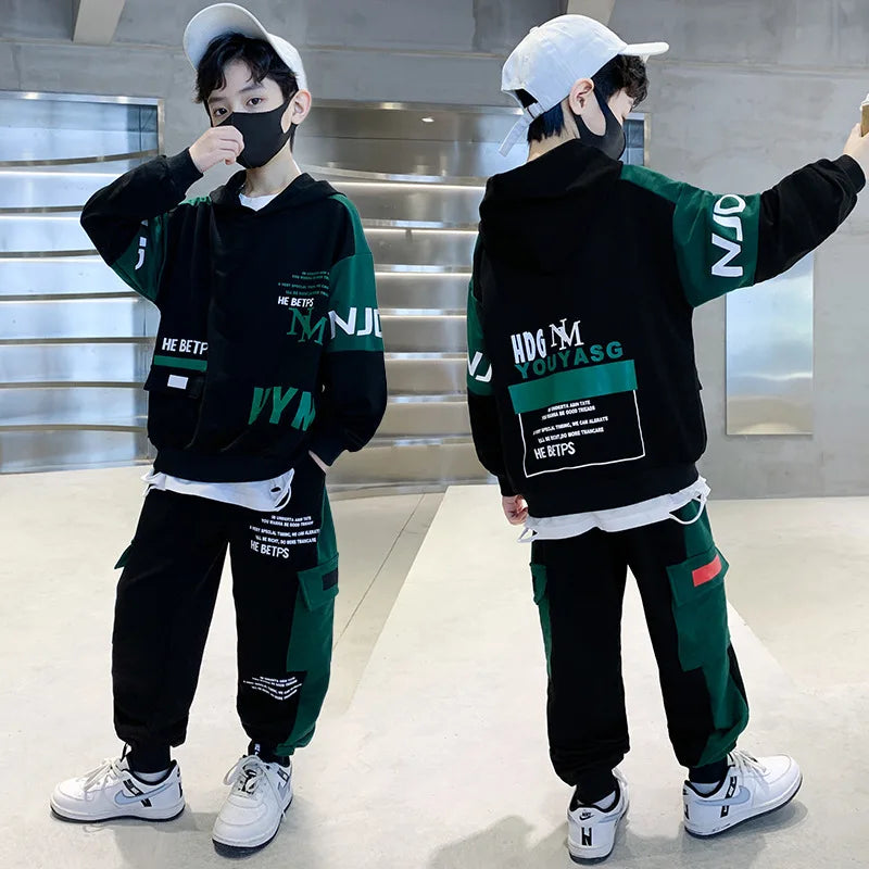 Hooded Sweatshirt & Track Pants Set (5-12 Years) - Letter Print Spring/Autumn Outfit