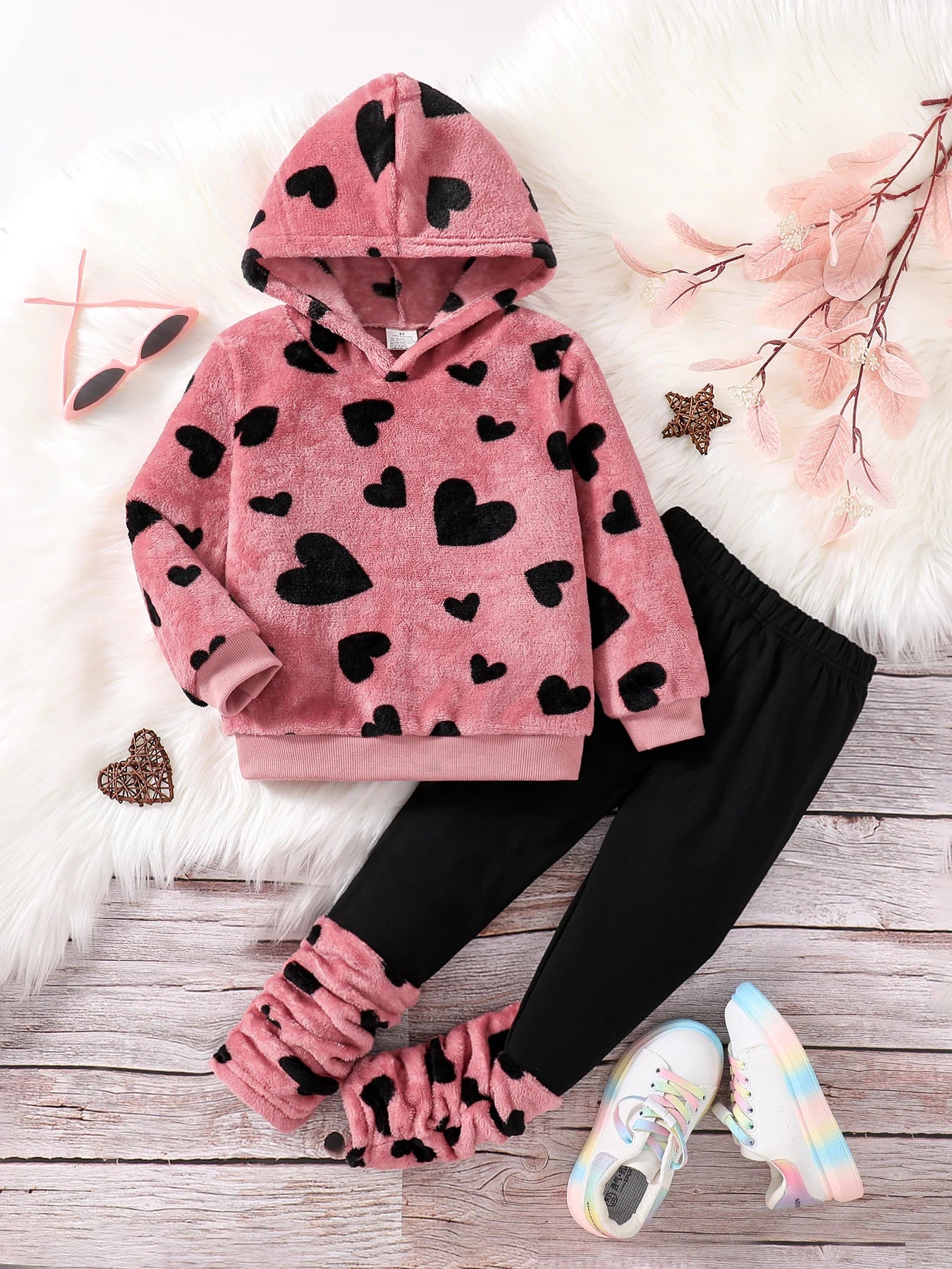 Girls' Pink Love Heart Fleece Hooded Top & Stretch Pants Set