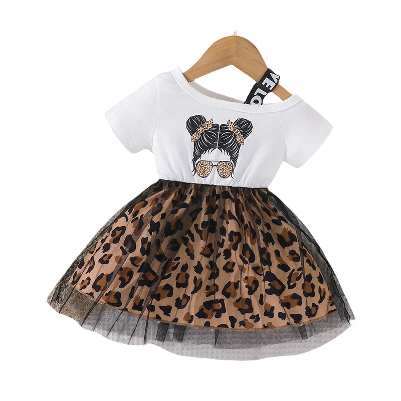 Leopard Print Patchwork Mesh Dress (1-5 Years) - Girls Summer Outfit