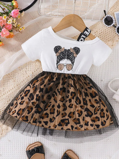 Leopard Print Patchwork Mesh Dress (1-5 Years) - Girls Summer Outfit