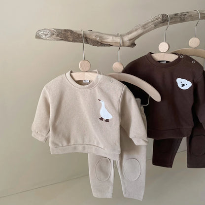 Goose & Bear Pattern Baby Outfit (1-3 Years) - Cotton Long Sleeve Top & Pants Set