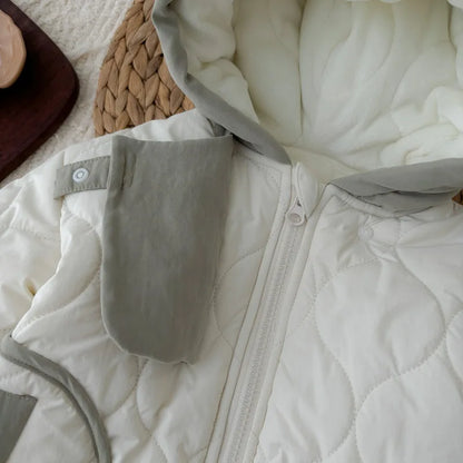 White Hooded Zipper Plush Baby Jacket (0-3Y) - Thick Winter Patchwork Coat