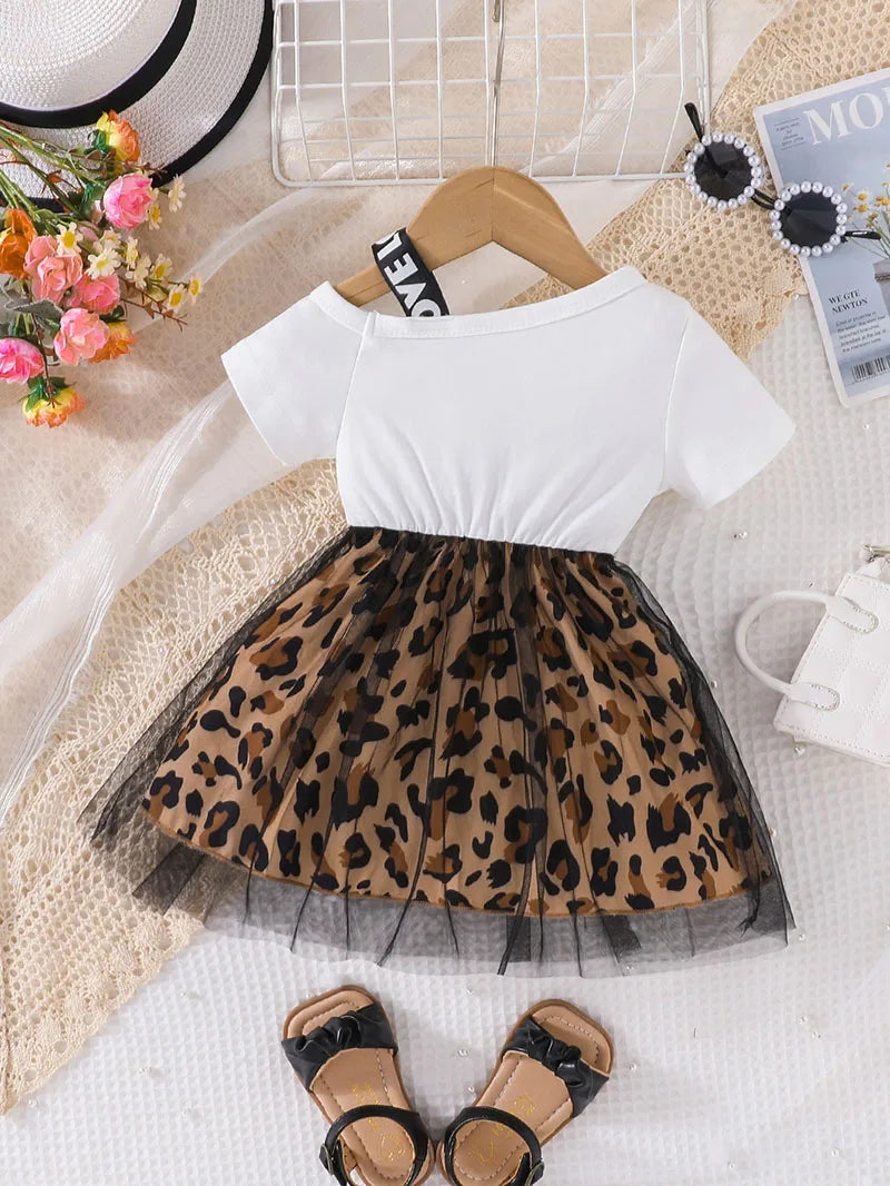 Leopard Print Patchwork Mesh Dress (1-5 Years) - Girls Summer Outfit