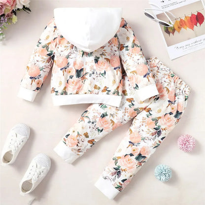 Girls Flower Hoodie SweatSuit Set (1-3 Years) - Casual Winter Wear