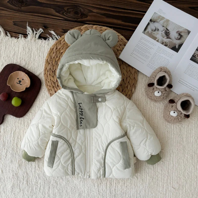 White Hooded Zipper Plush Baby Jacket (0-3Y) - Thick Winter Patchwork Coat