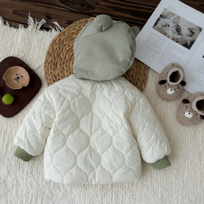 White Hooded Zipper Plush Baby Jacket (0-3Y) - Thick Winter Patchwork Coat