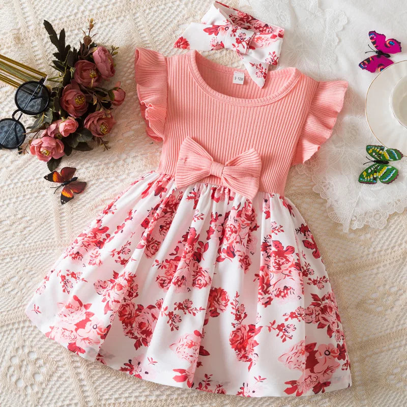 Floral Print Toddler Dress (0-3 Years) - Flying Sleeve Easter Dress