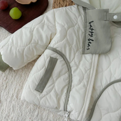 White Hooded Zipper Plush Baby Jacket (0-3Y) - Thick Winter Patchwork Coat