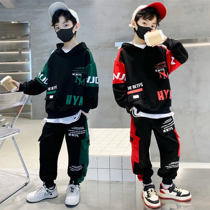 Hooded Sweatshirt & Track Pants Set (5-12 Years) - Letter Print Spring/Autumn Outfit