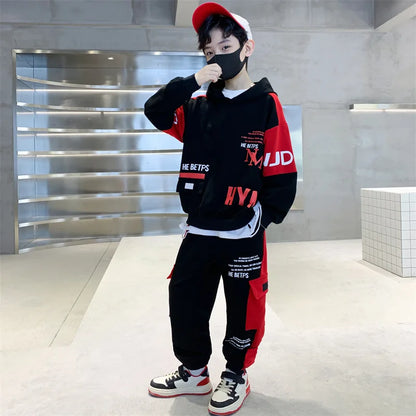 Hooded Sweatshirt & Track Pants Set (5-12 Years) - Letter Print Spring/Autumn Outfit