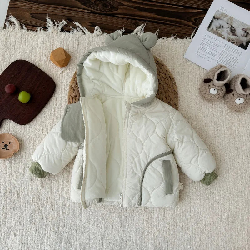 White Hooded Zipper Plush Baby Jacket (0-3Y) - Thick Winter Patchwork Coat