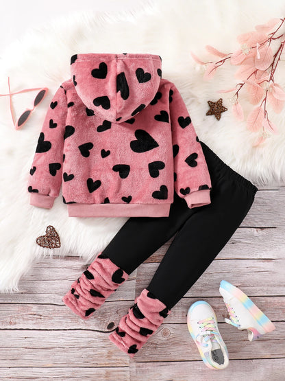 Girls' Pink Love Heart Fleece Hooded Top & Stretch Pants Set